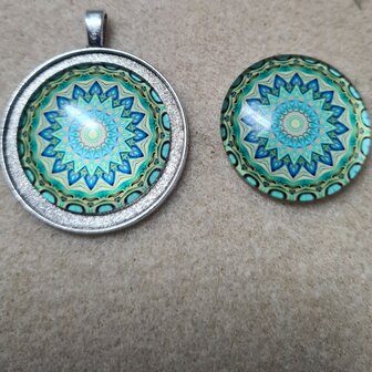 Cabochon Boheems bloempatroon turquoise 30mm